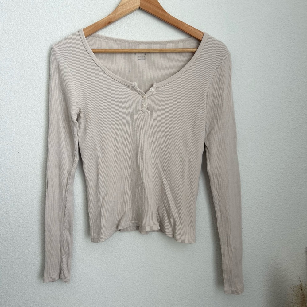 John Galt Cream Ribbed Henley Long Sleeve